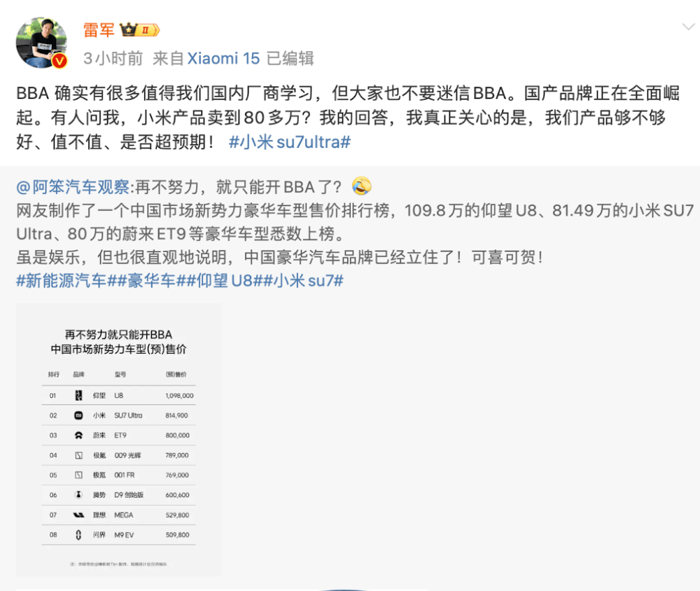 皇冠会员如何申请_小米汽车卖到80多万皇冠会员如何申请,网友称再不努力只能开BBA!雷军:不要迷信BBA