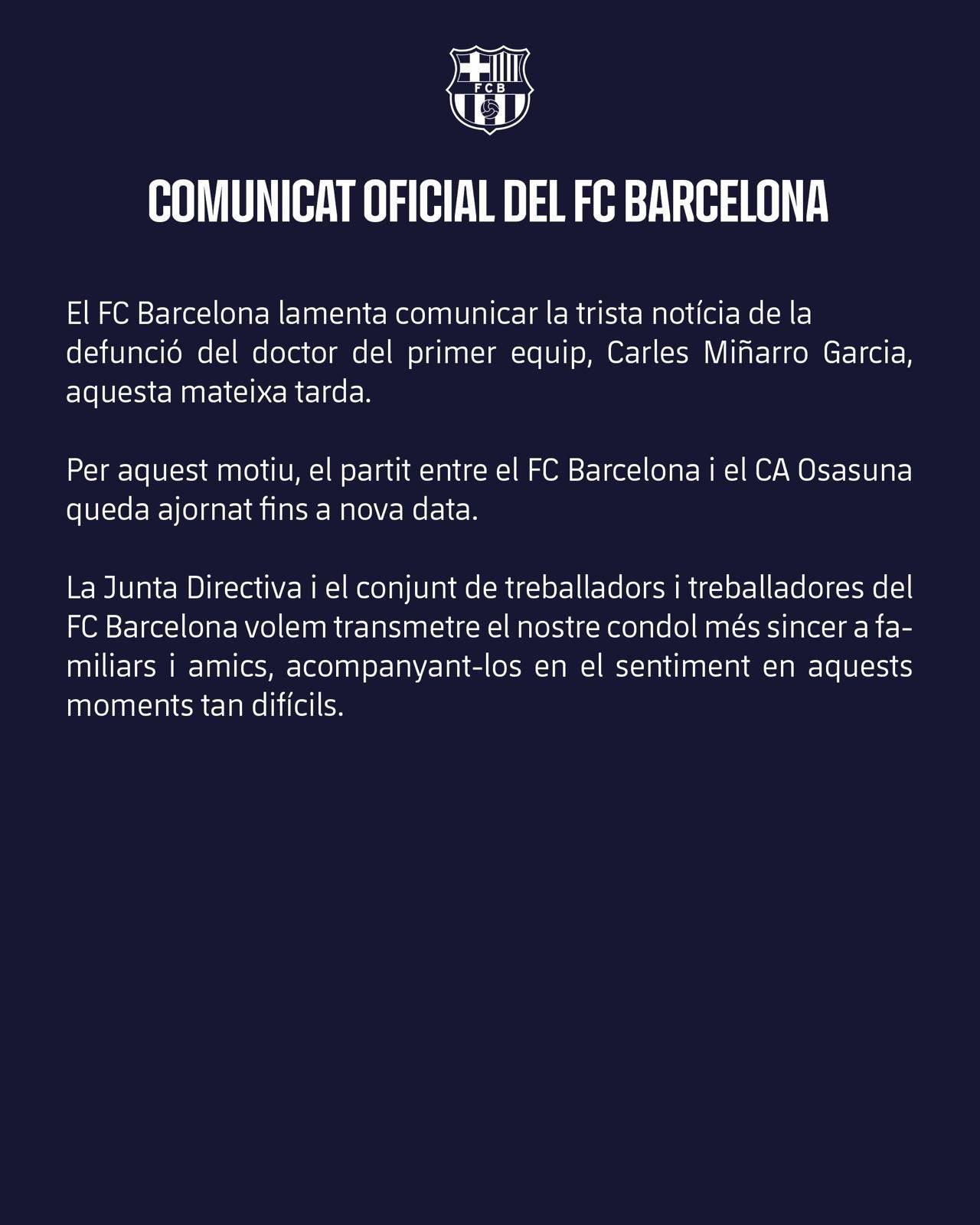 皇冠信用盘账号_突发！官方：因队医去世皇冠信用盘账号，凌晨4:00巴萨vs奥萨苏纳择期进行