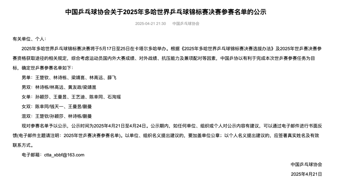 皇冠信用盘代理
_中国乒乓球队公示多哈世乒赛参赛名单