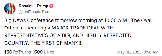 皇冠足球平台在哪里注册_特朗普称其将宣布与某个大国的“重大贸易协议”