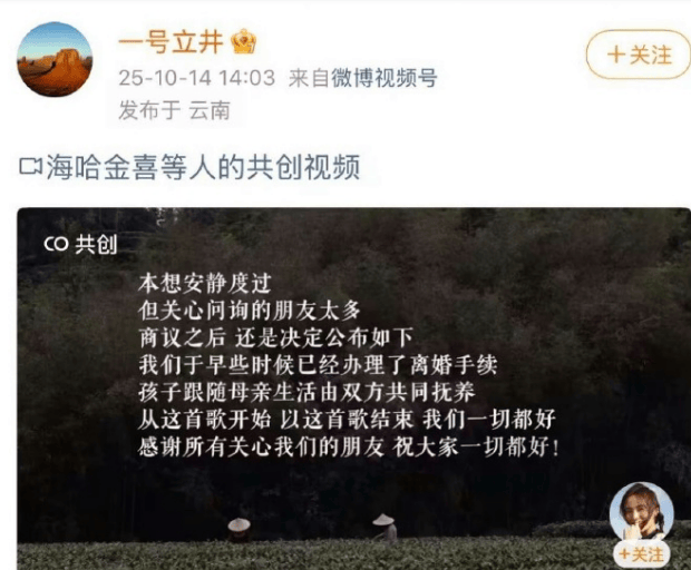 皇冠信用盘最高占成_李亚鹏与海哈金喜官宣离婚：孩子跟随母亲生活皇冠信用盘最高占成，由双方共同抚养